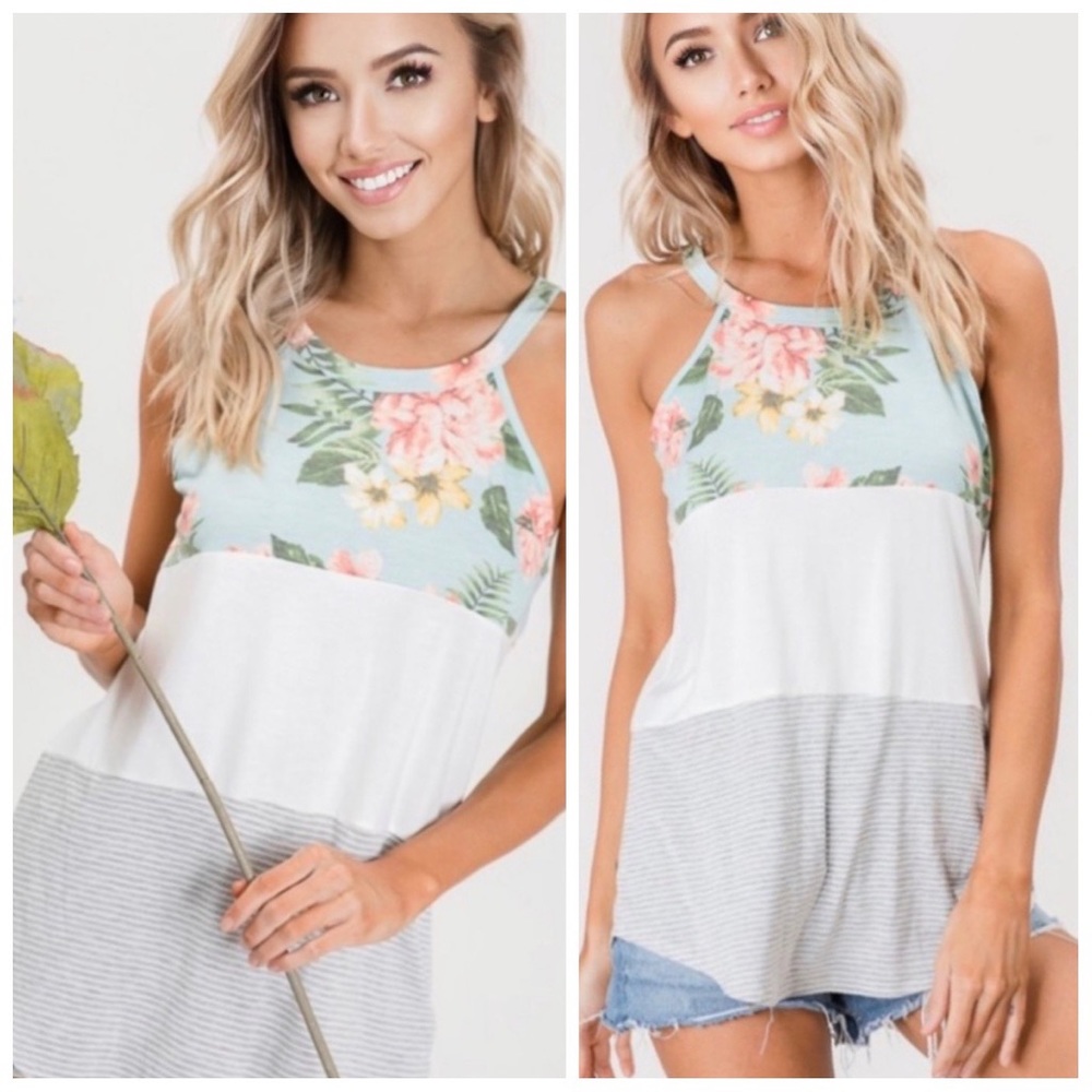 Mint tropical floral striped tank top